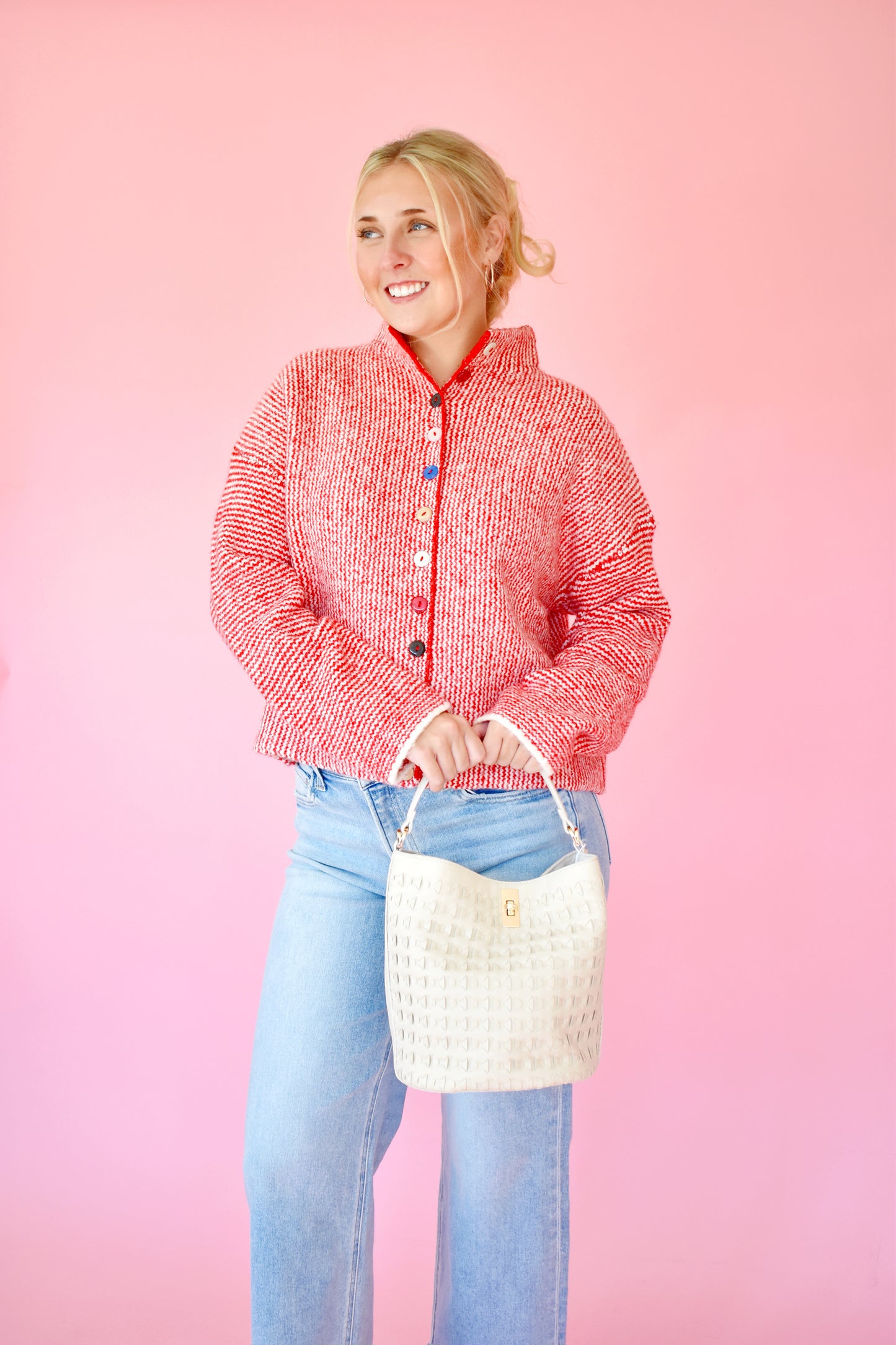 Red Colorful Button Cardigan Sweater