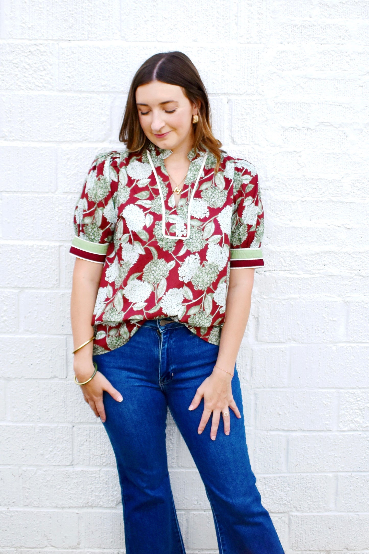 Burgundy & Sage Hydrangea Print Blouse