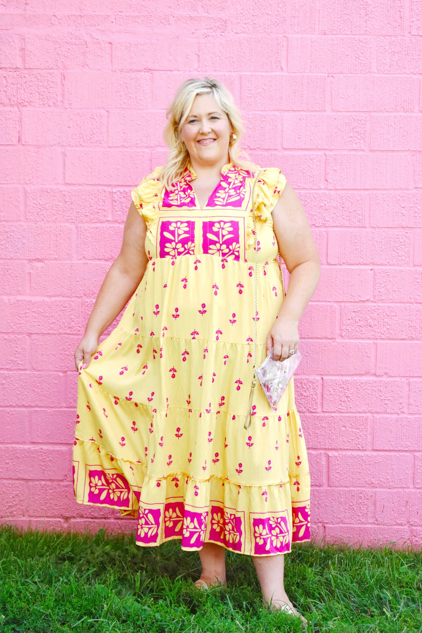 Plus Yellow & Pink Floral Ruffle Sleeve Midi Dress Confetti Boutique Plus Yellow & Pink Floral Ruffle Sleeve Midi Dress Confetti Boutique