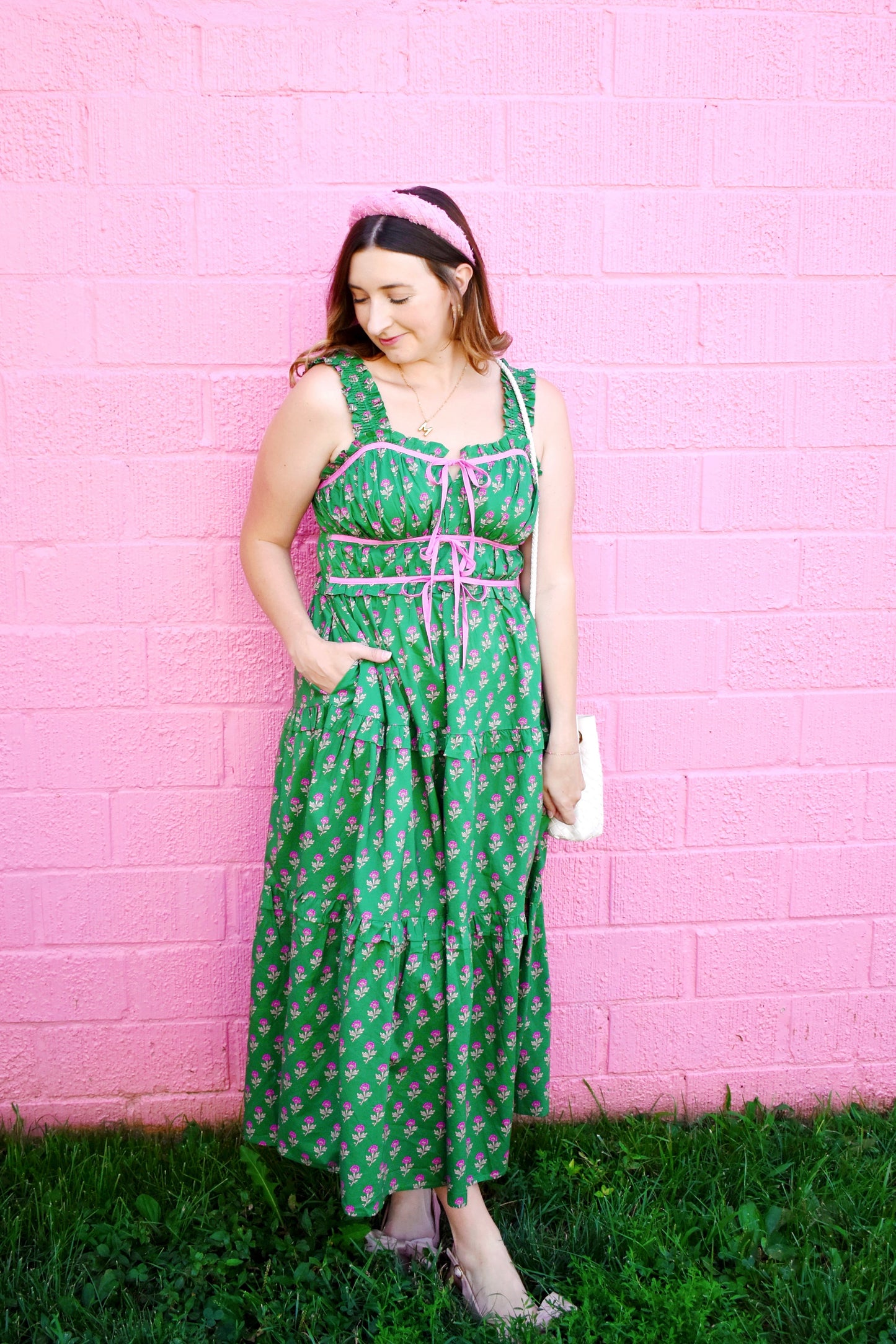 Forest Green & Pink Floral Printed Bow Detail Midi Dress
