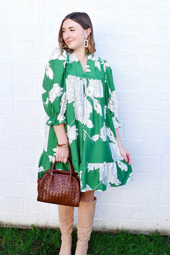 Green Floral Babydoll Mini Dress