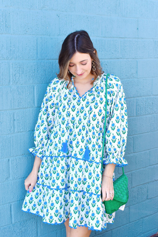 Preppy Blue Floral Dress With Tassels