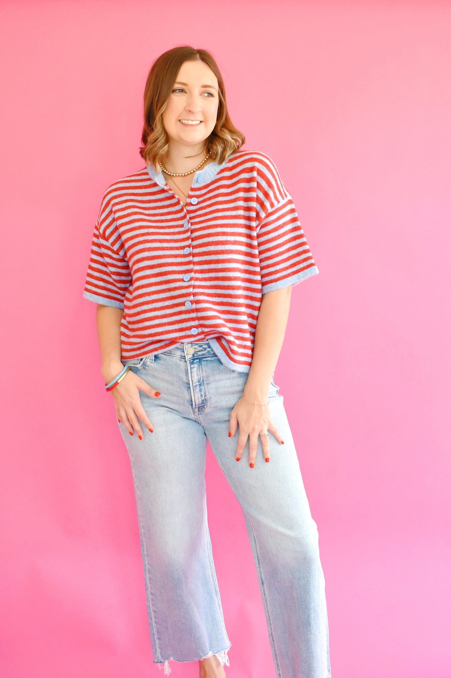 Blue & Red Striped Short Sleeve Cardigan
