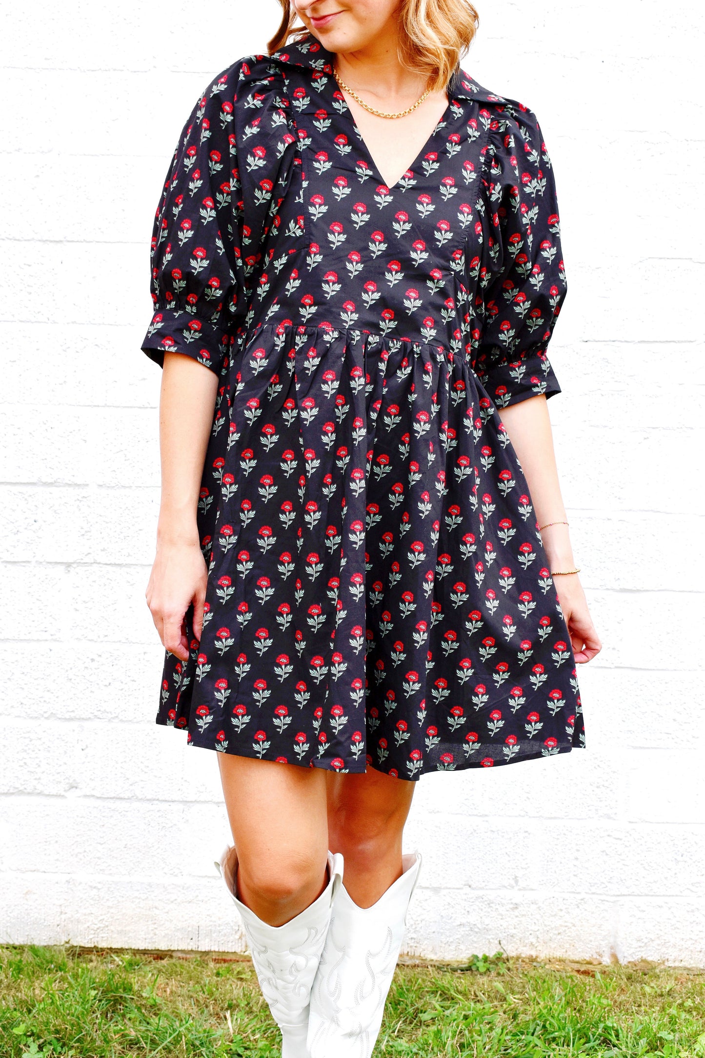 Black Red Floral Collared Dress