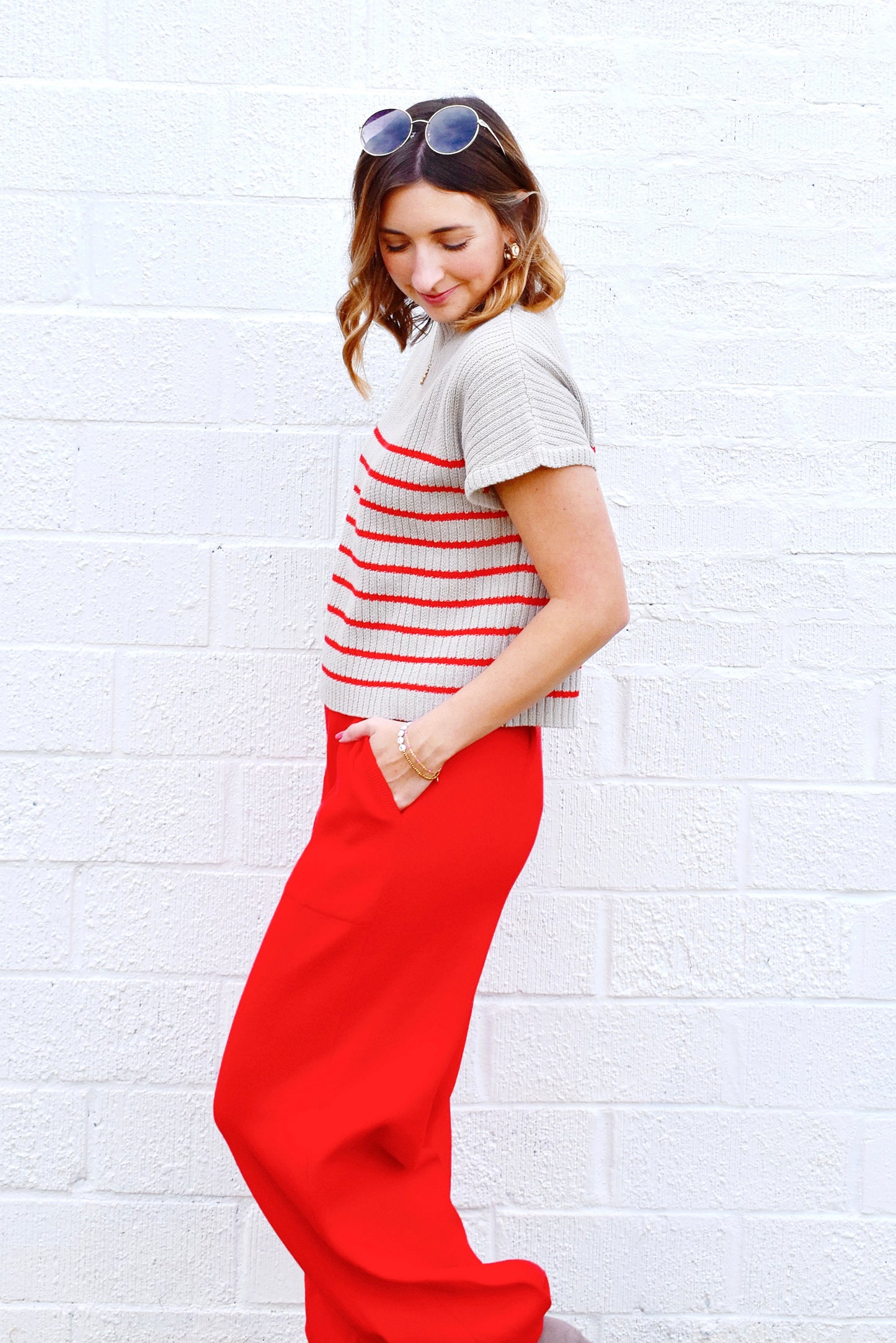 Red & Grey Striped Sweater Top