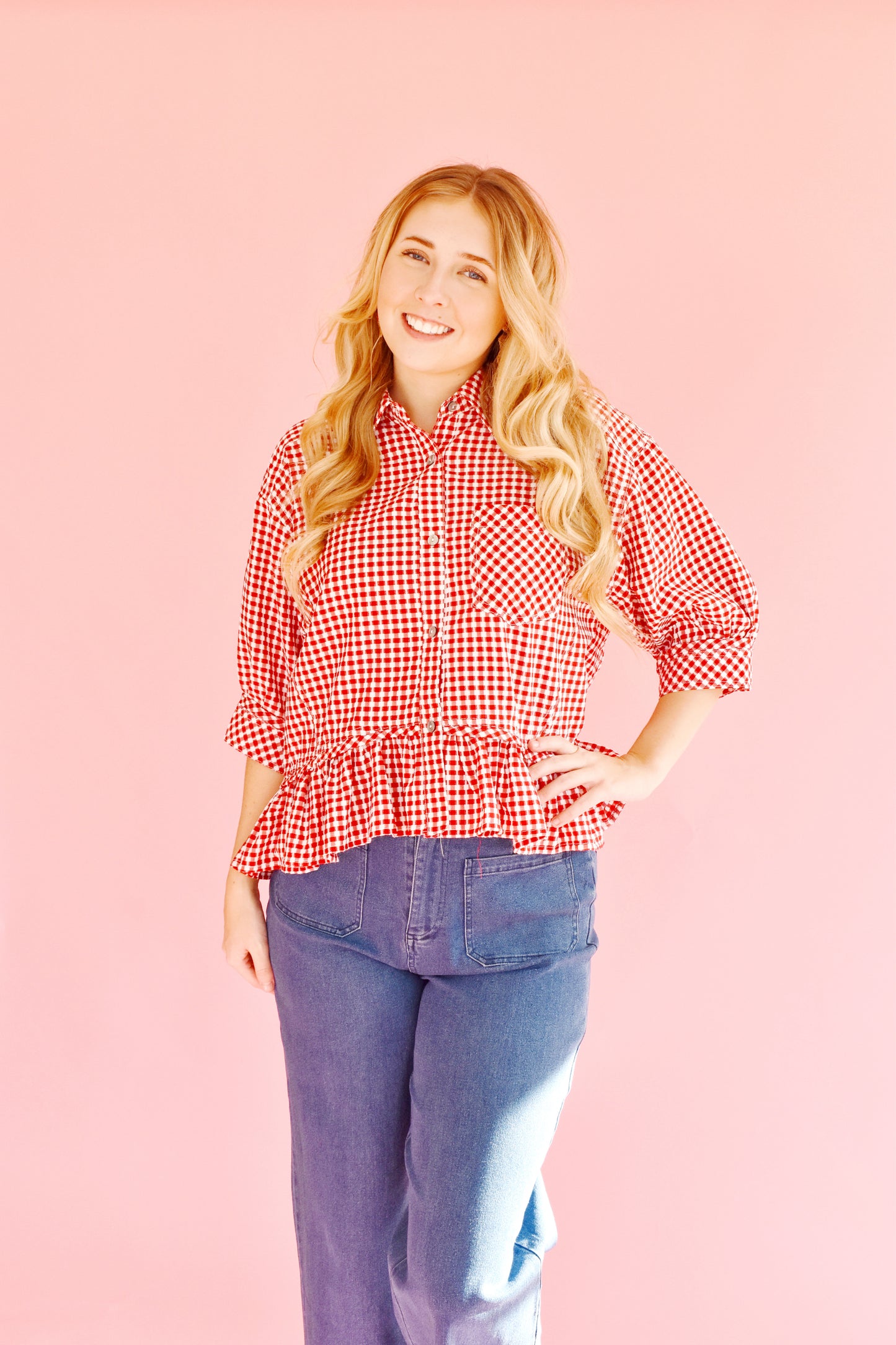Red Gingham Button Down Ruffle Hem Top
