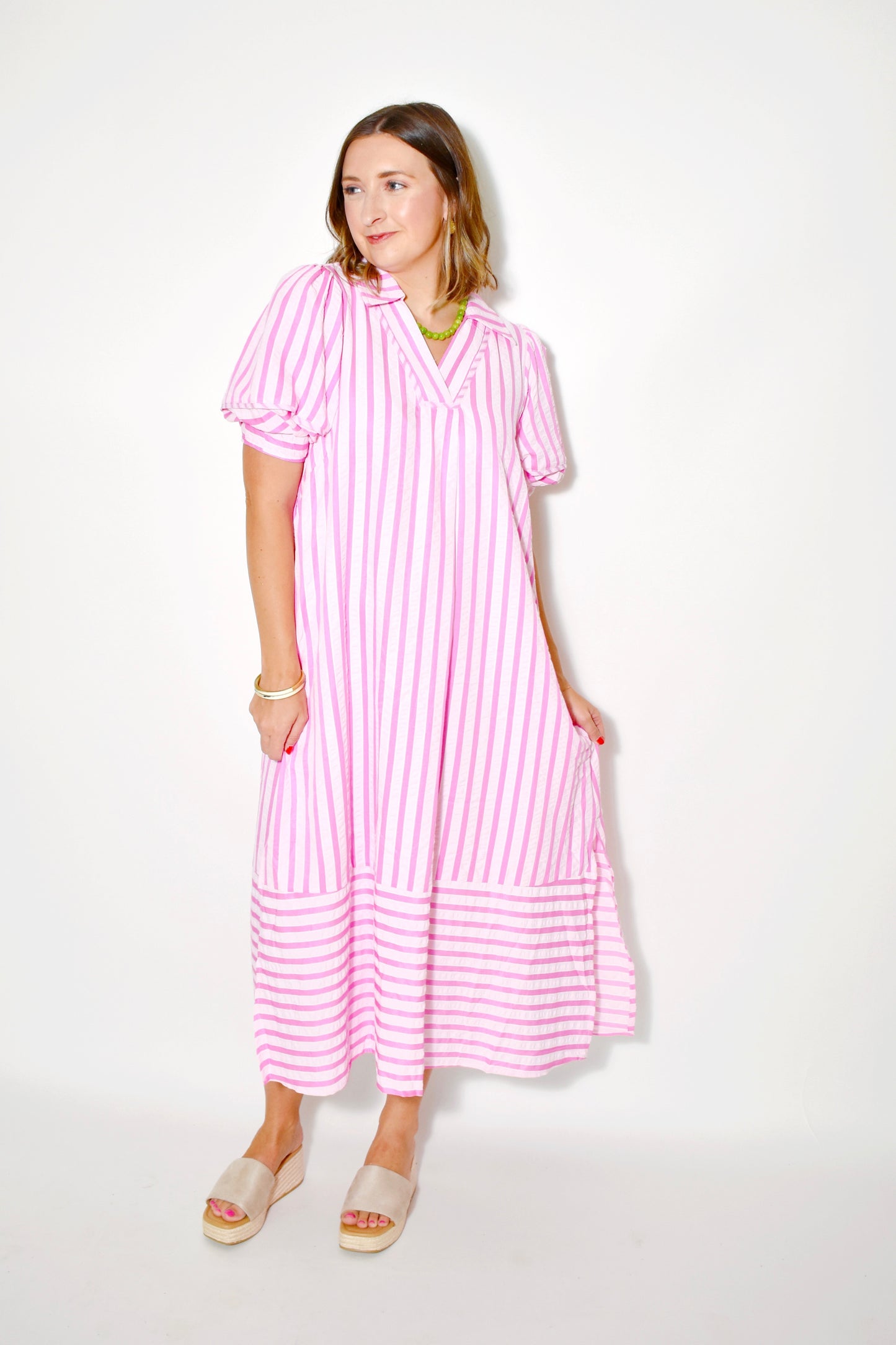 Peony Pink Striped Collared Midi Dress