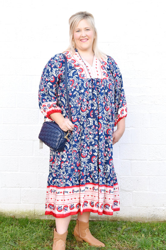 Plus Navy Pink Abstract Floral Midi Dress