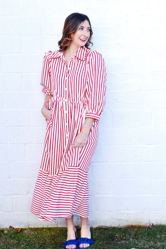 Red Striped Scallop Detail Midi Dress