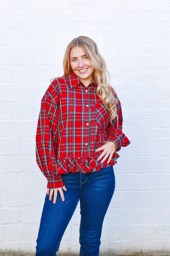Tartan Ruffle Button Down Blouse