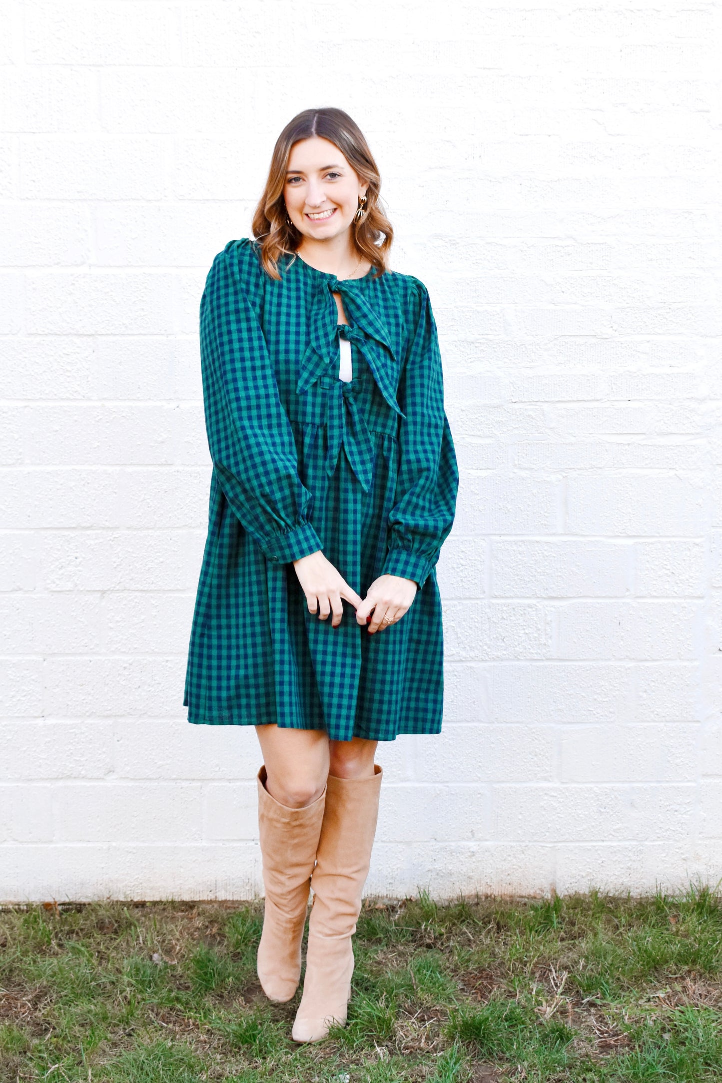 Green & Navy Checkered Tie Front Dress