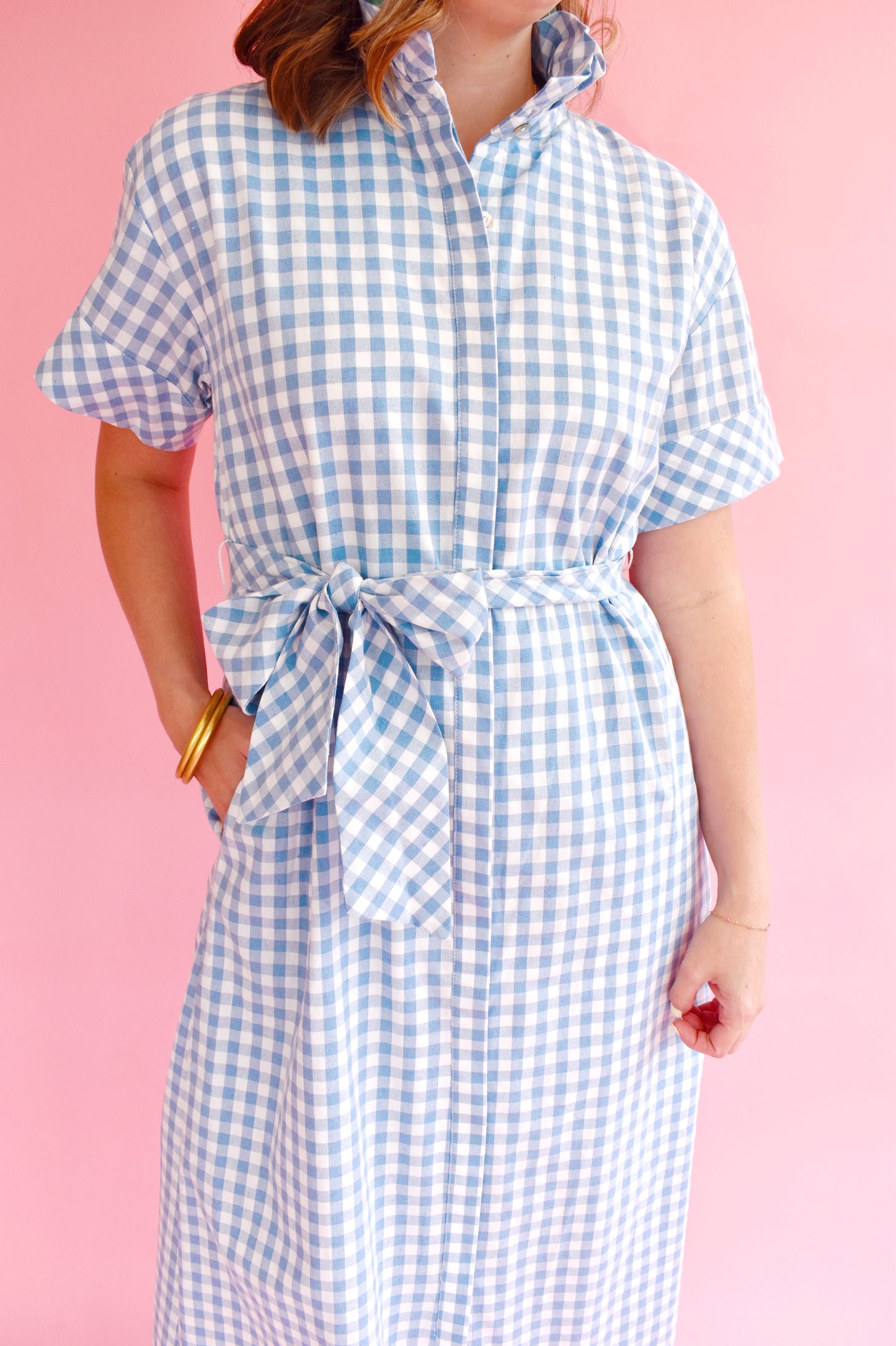 Blue Gingham Preppy Tie Waist Midi Dress