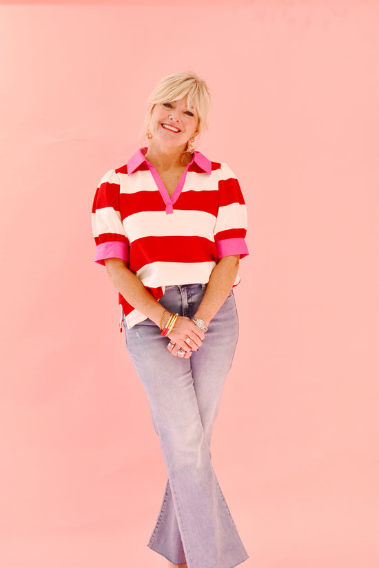 Pink & Red Collared Striped Top