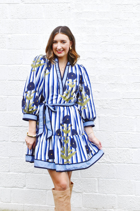 Navy Striped Floral Tie Waist Dress