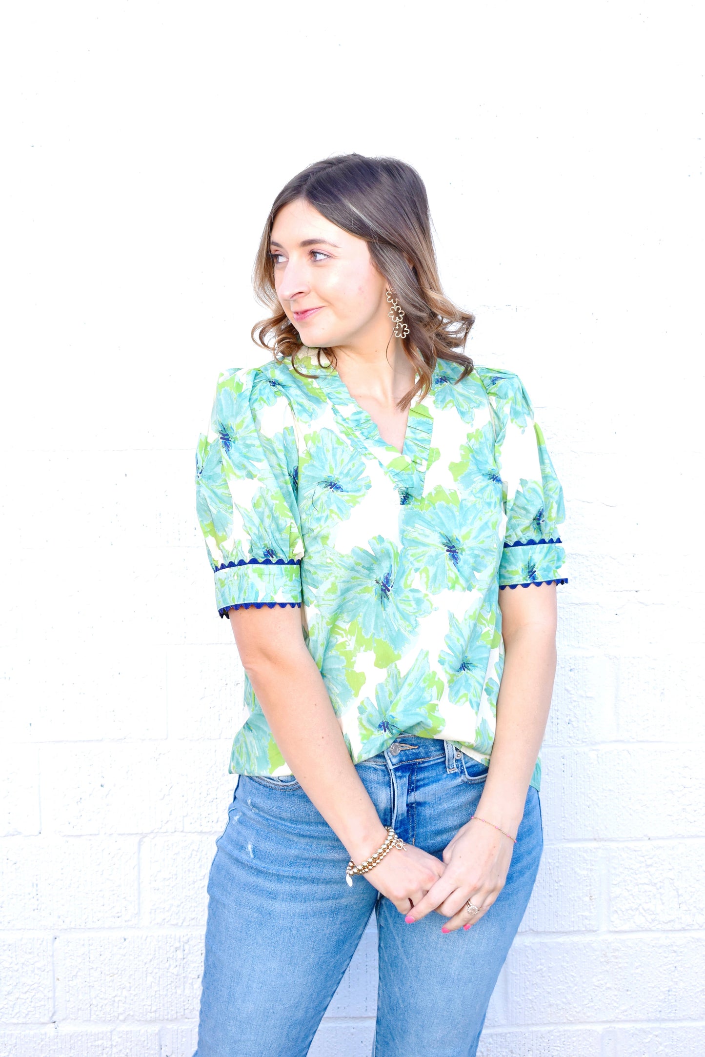 Mint Floral Navy Scallop Trim Blouse