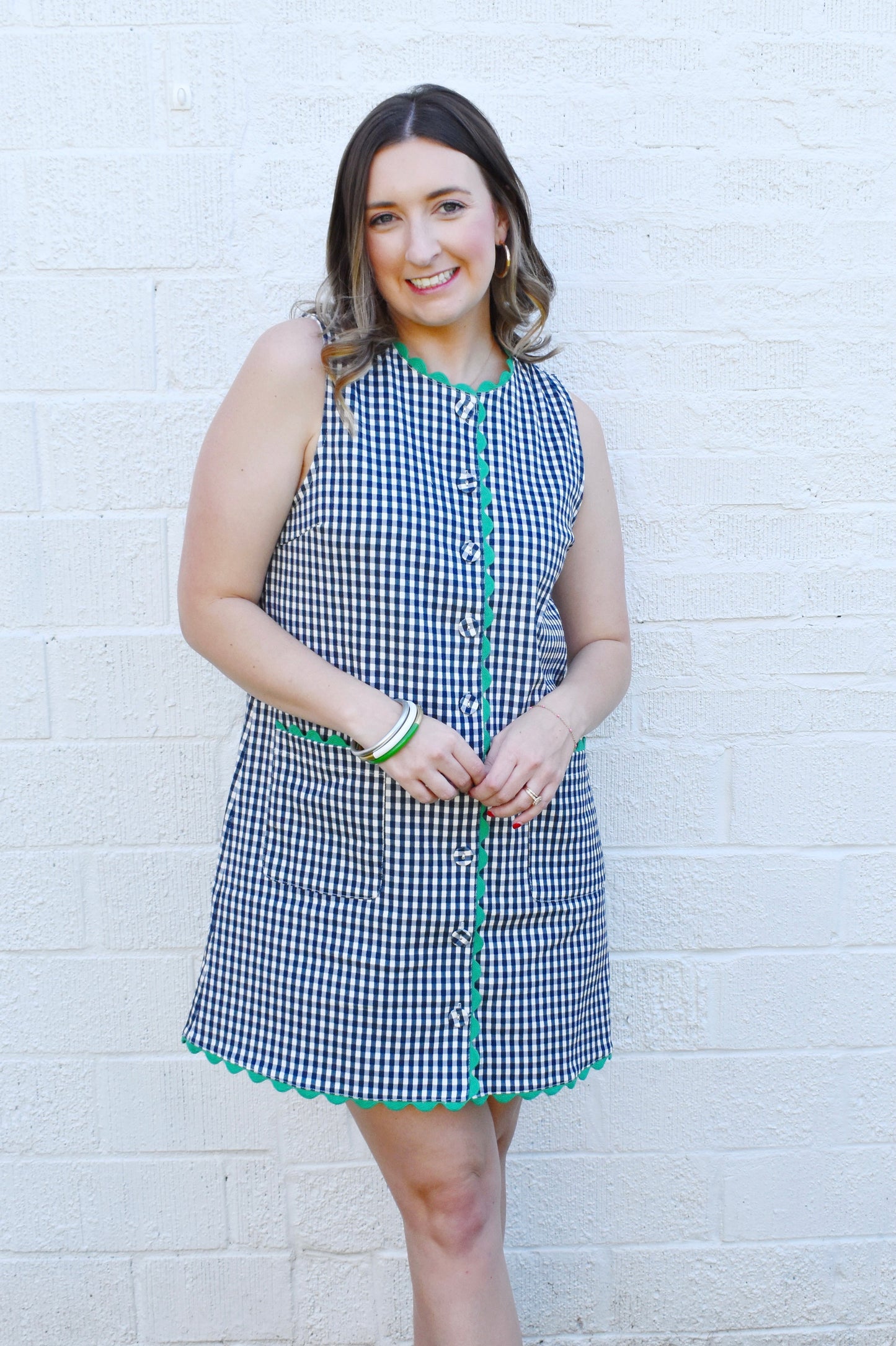Navy Gingham Green Scallop Detail Shift Dress