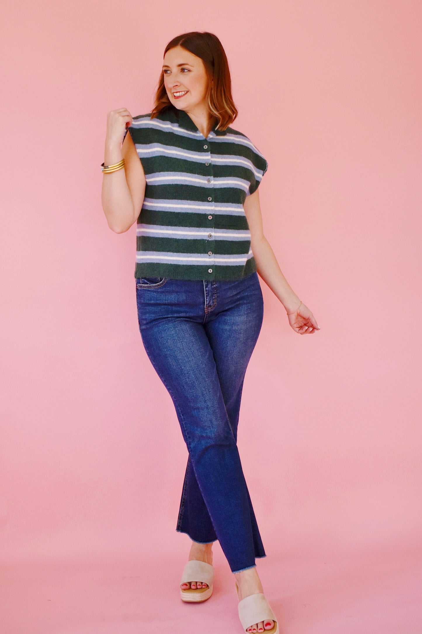Hunter Green & Blue Stripe Short Sleeve Cardigan Top