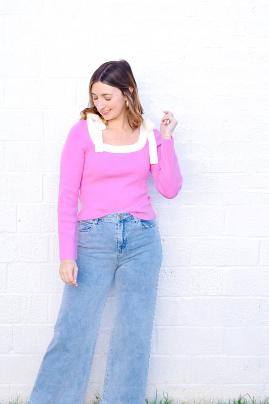 Bubblegum Tie Shoulder Sweater Top