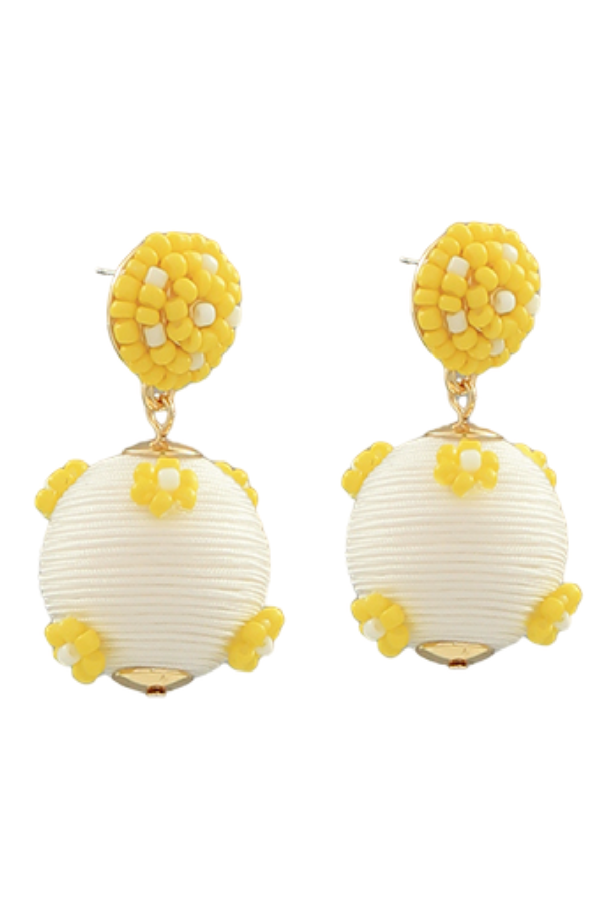 Yellow Beaded Flower Ball Drop Earrings