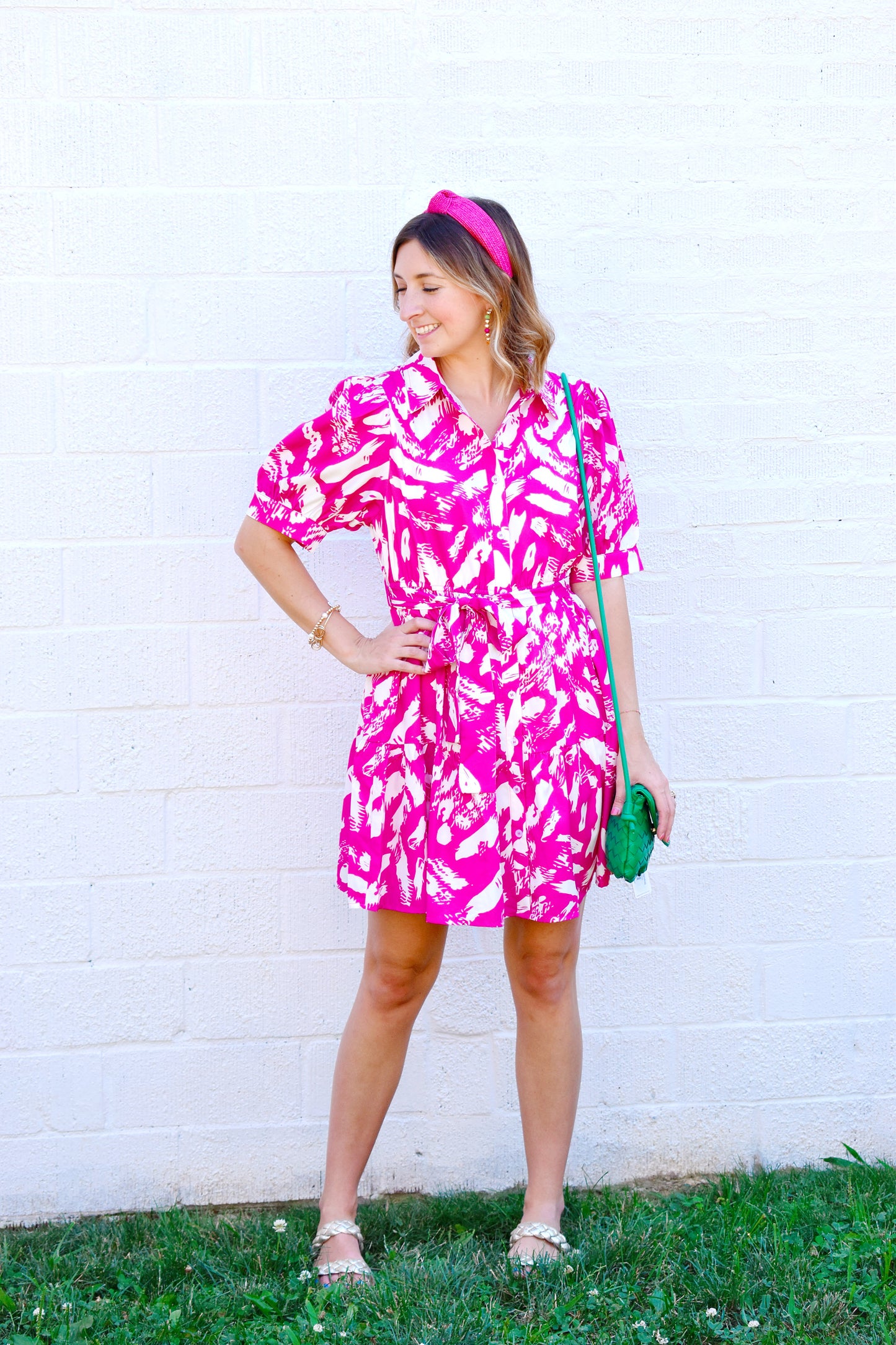 Hot Pink Brush Stroke Belted Dress