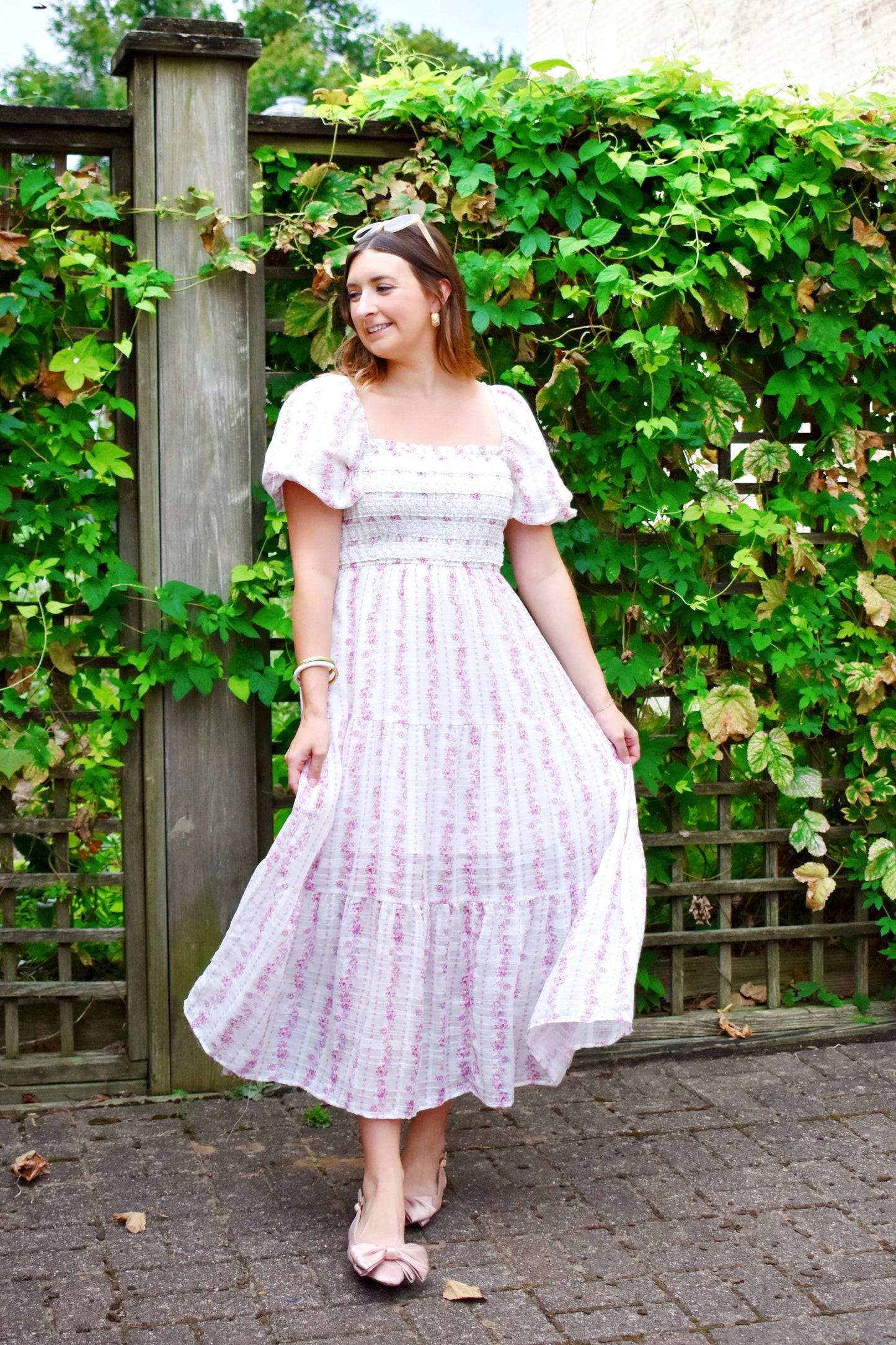 Mauve Smocked Lace Trim Puff Sleeve Maxi Dress