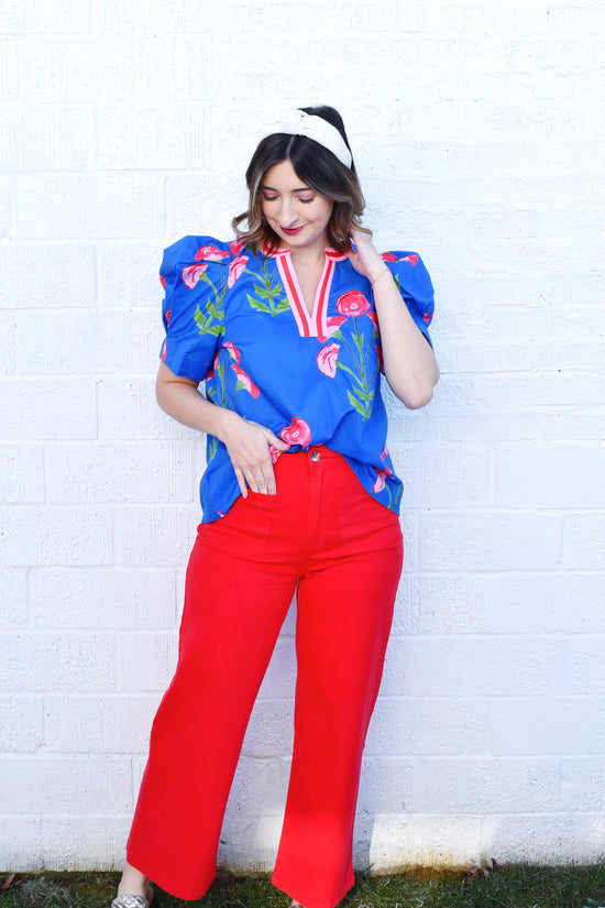 Blue & Pink Floral Color Block Trim Blouse