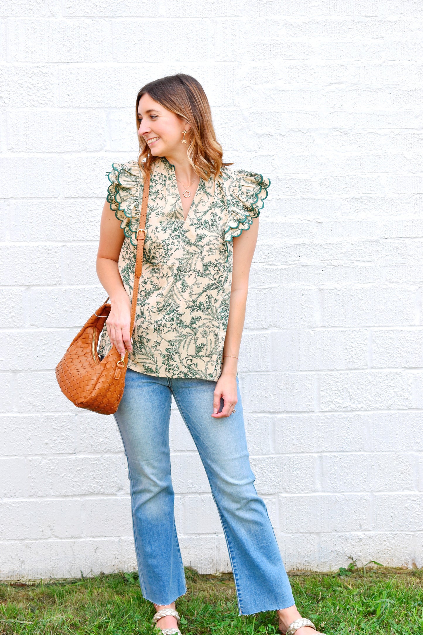 Hunter Green Toile Ruffle Blouse