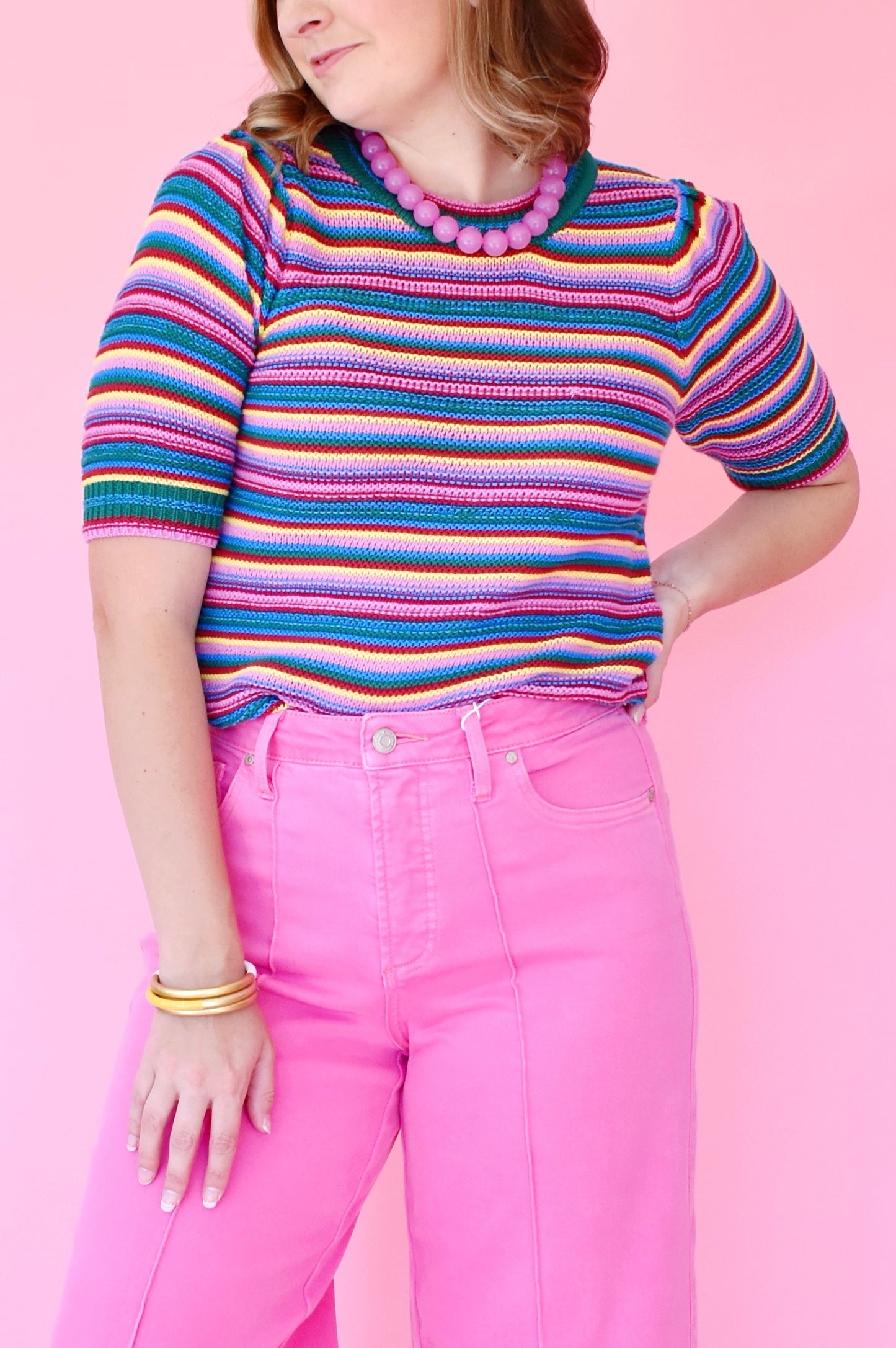 Multi Striped Short Sleeve Knit Top