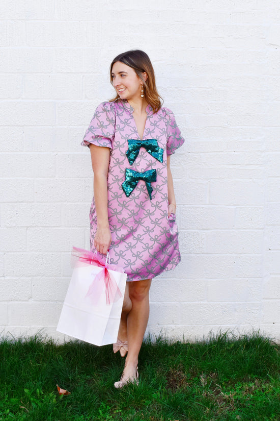 Lilac & Green Bow Printed Sequin Bow Dress Confetti Boutique Lilac & Green Bow Printed Sequin Bow Dress Confetti Boutique