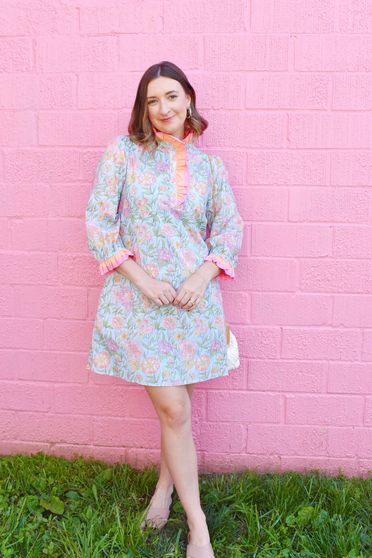 Sky Blue Lovely Floral Ruffles Accents Dress