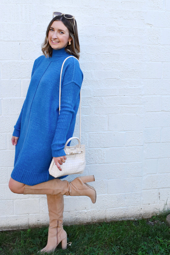 Blue Knit Turtleneck Sweater Dress