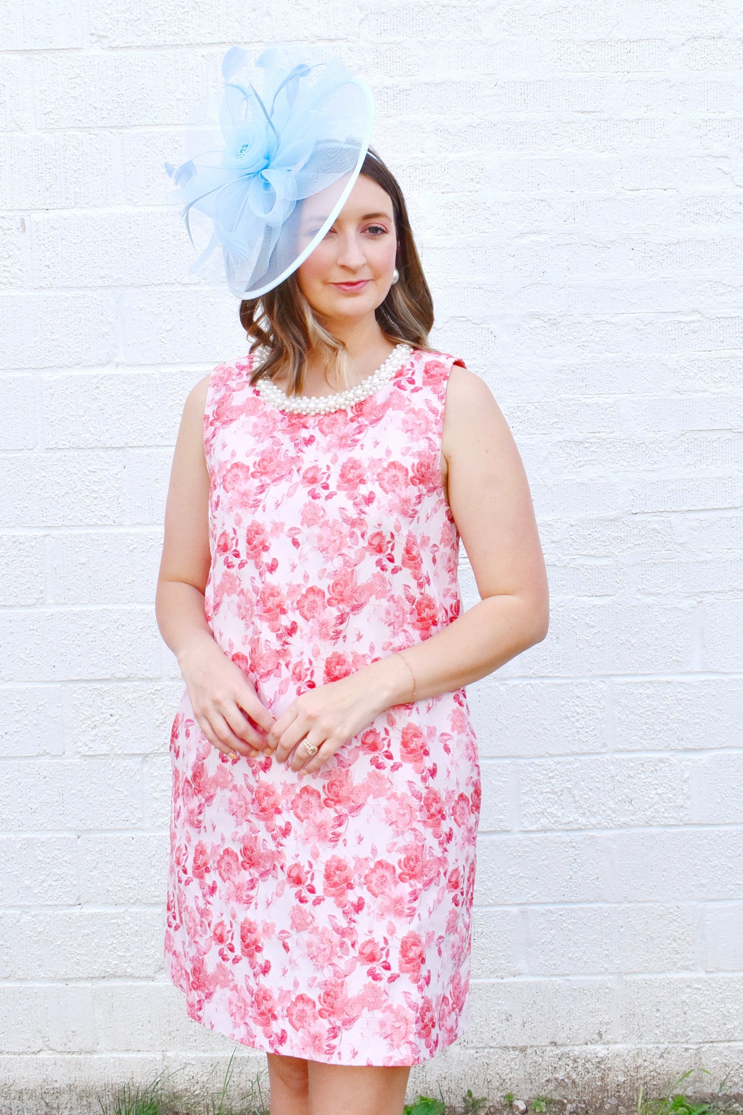 Red Floral Pearl Neckline Shift Dress