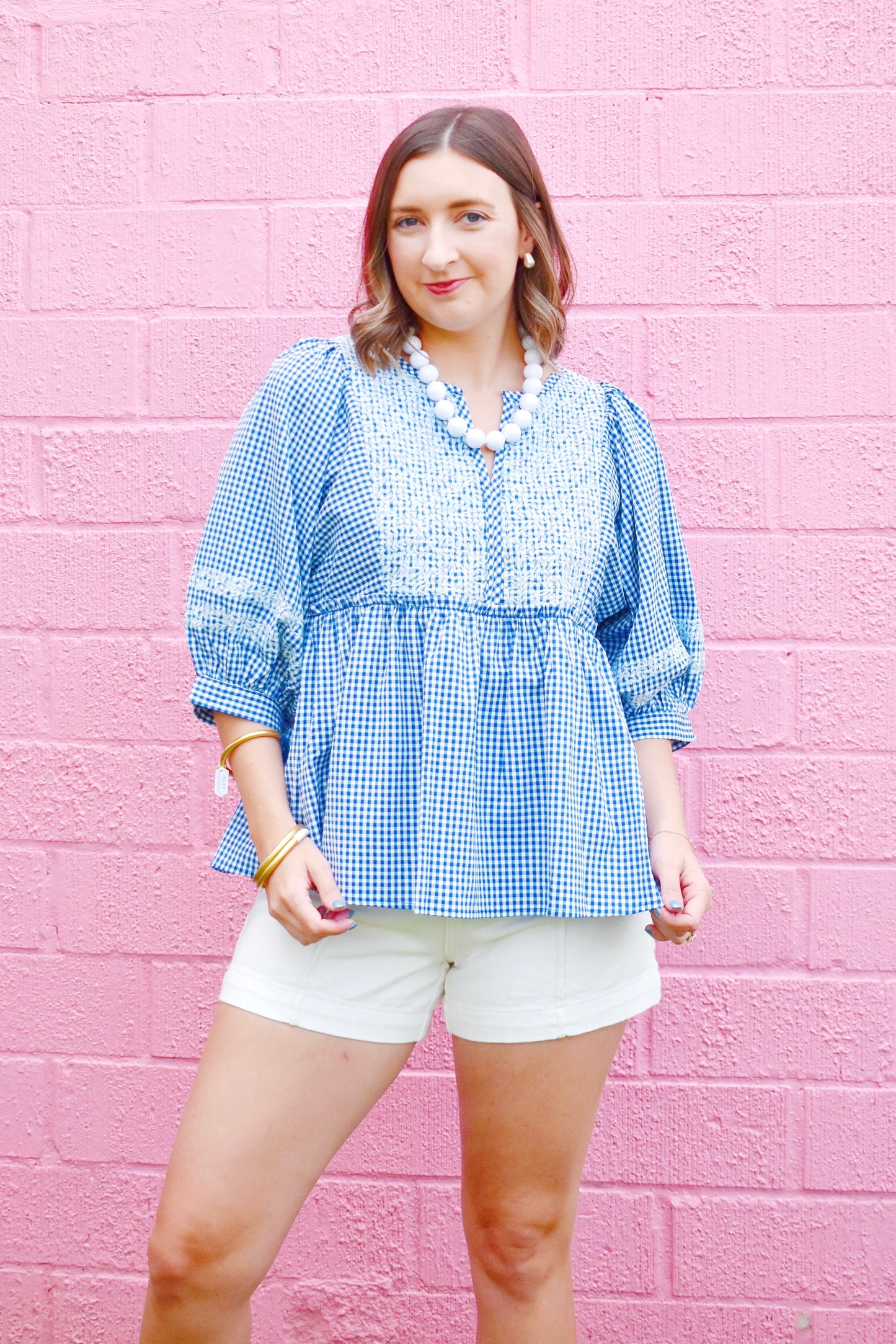 Royal Gingham Embroidered Babydoll Top