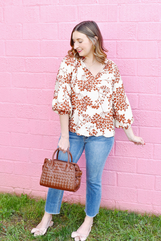 Caramel Cherry Blossom Print Scallop Hem Blouse