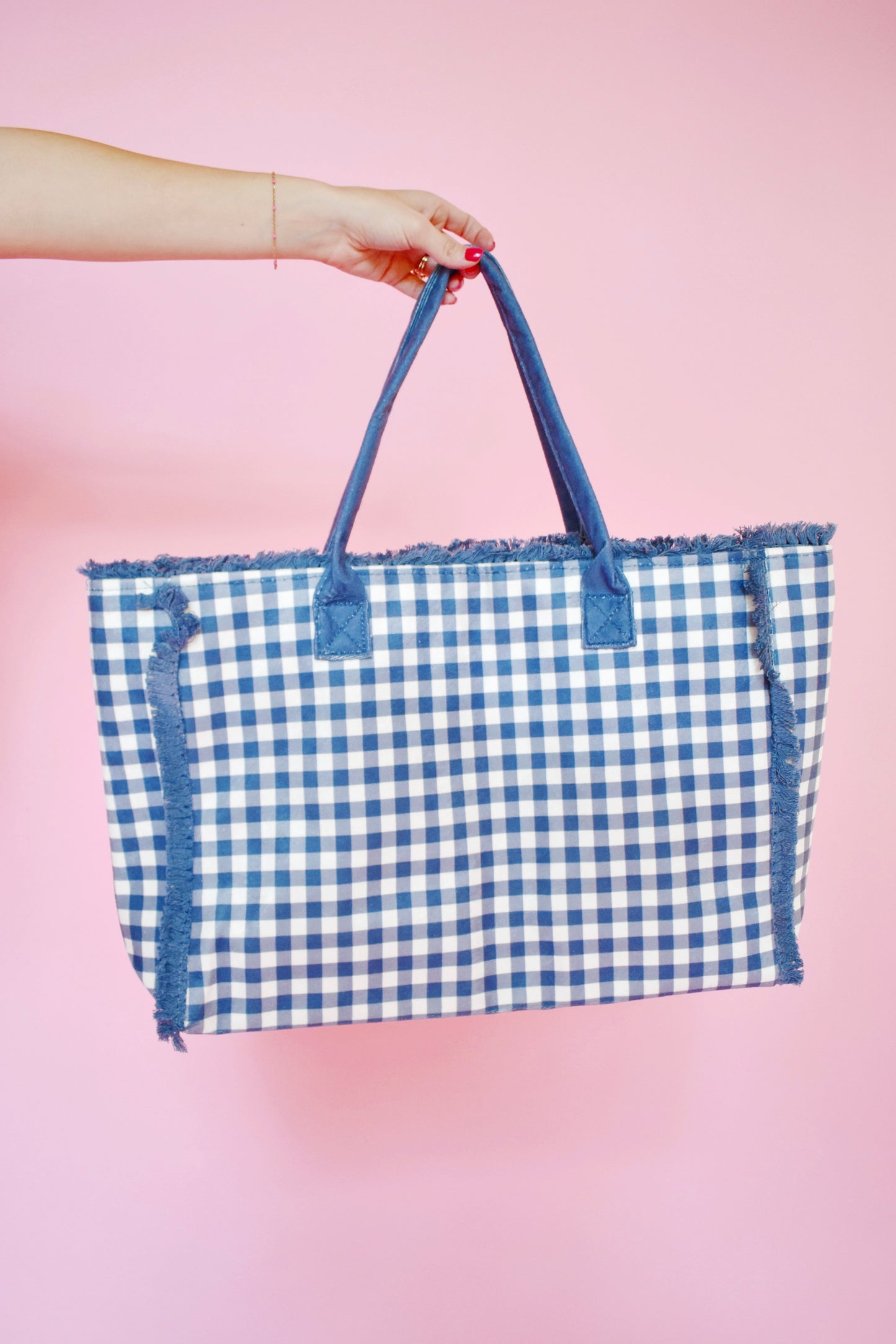 Navy Gingham Frayed Edge Tote Bag