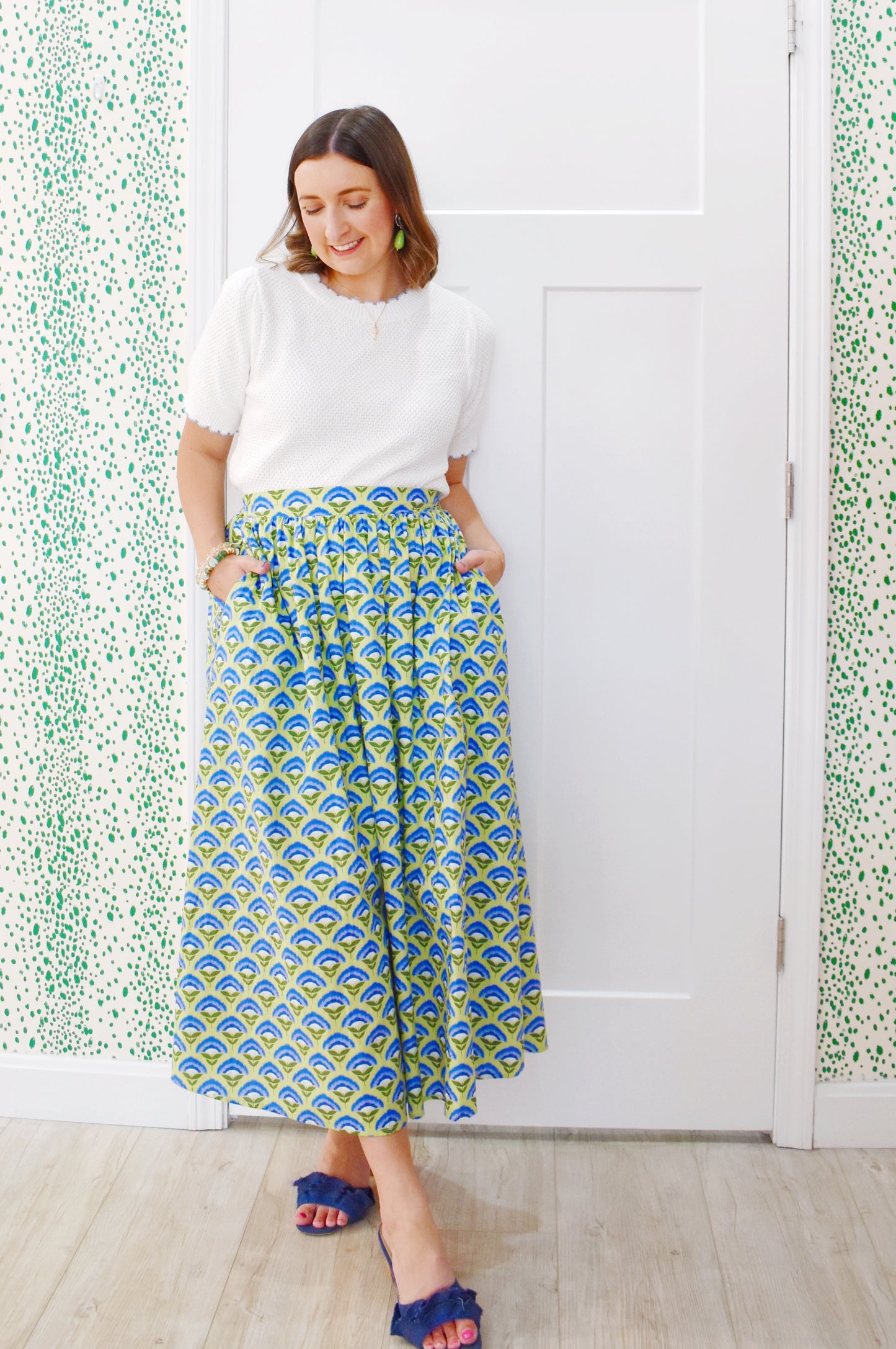 Blue Green Flower Stem Midi Skirt