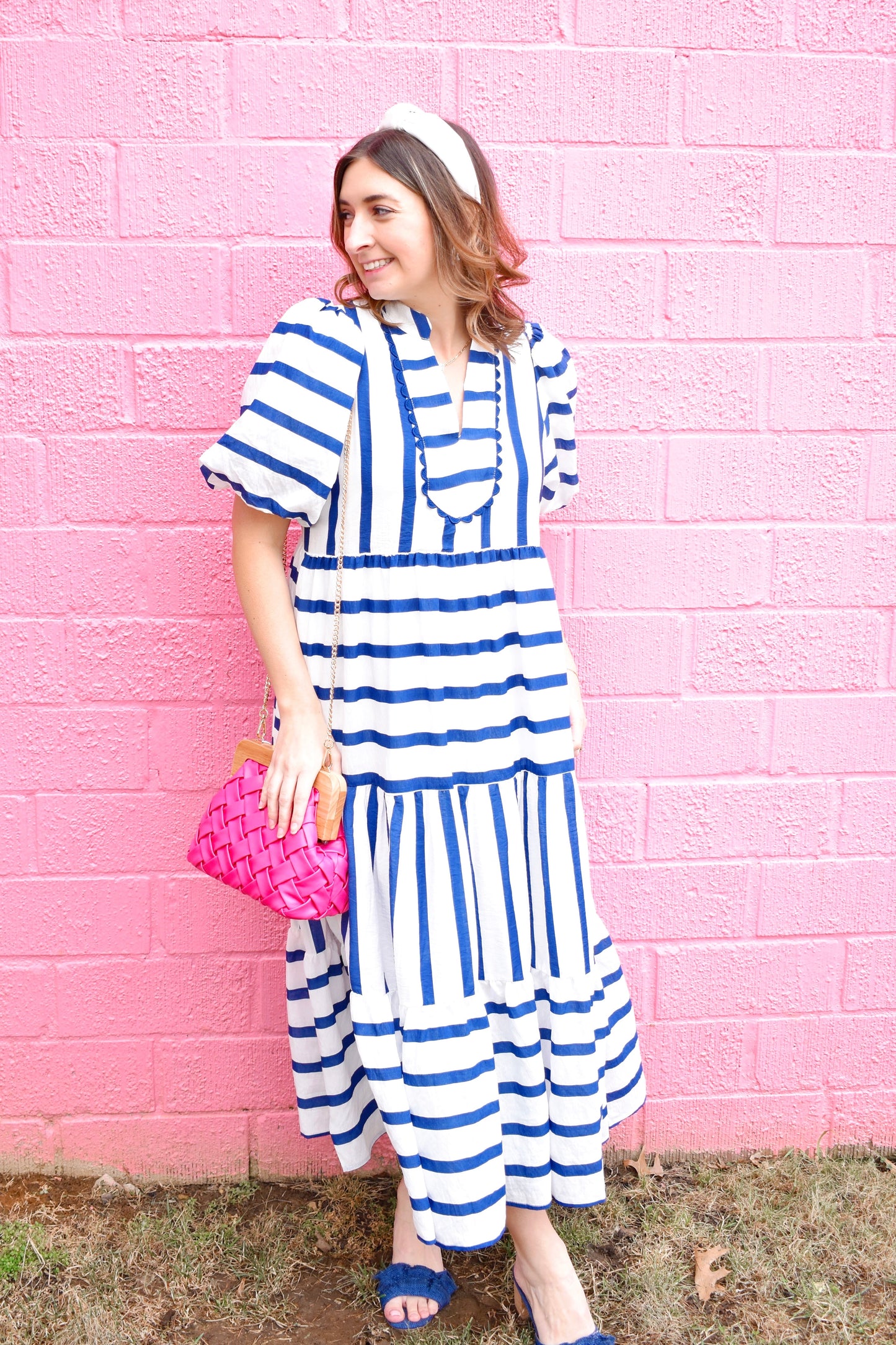 Mixed Navy Striped Puff Sleeve Midi Dress