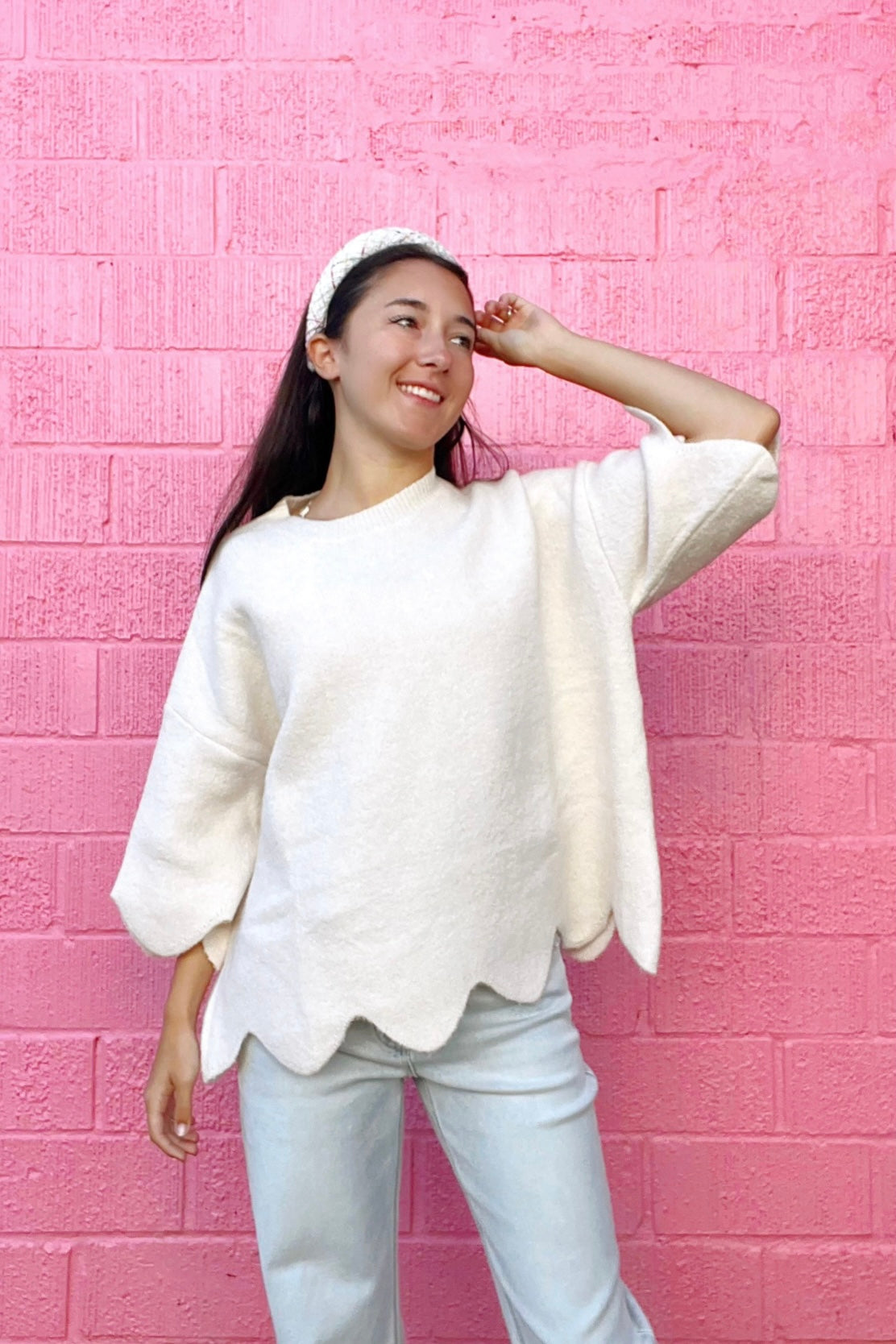 Cream Scallop Hem Sweater
