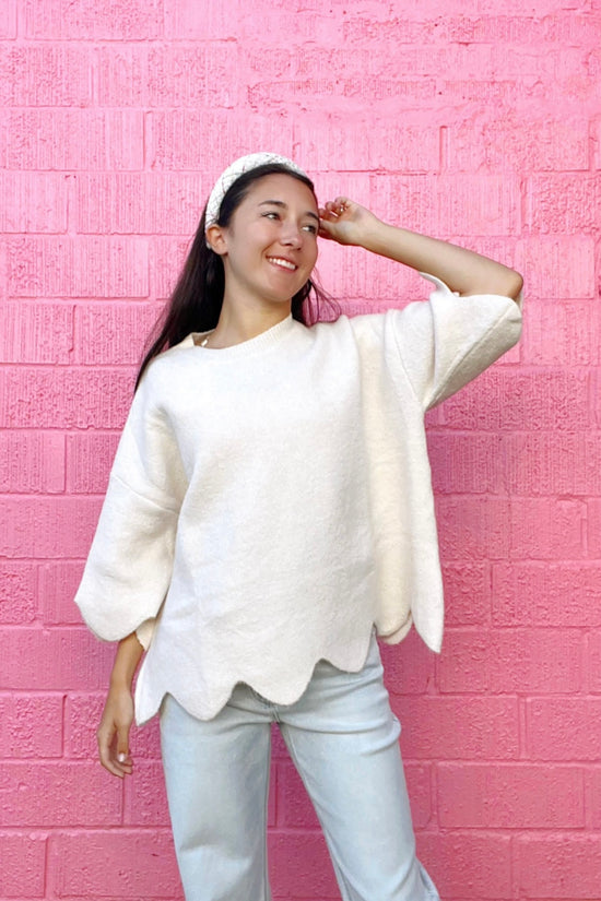 Cream Scallop Hem Sweater