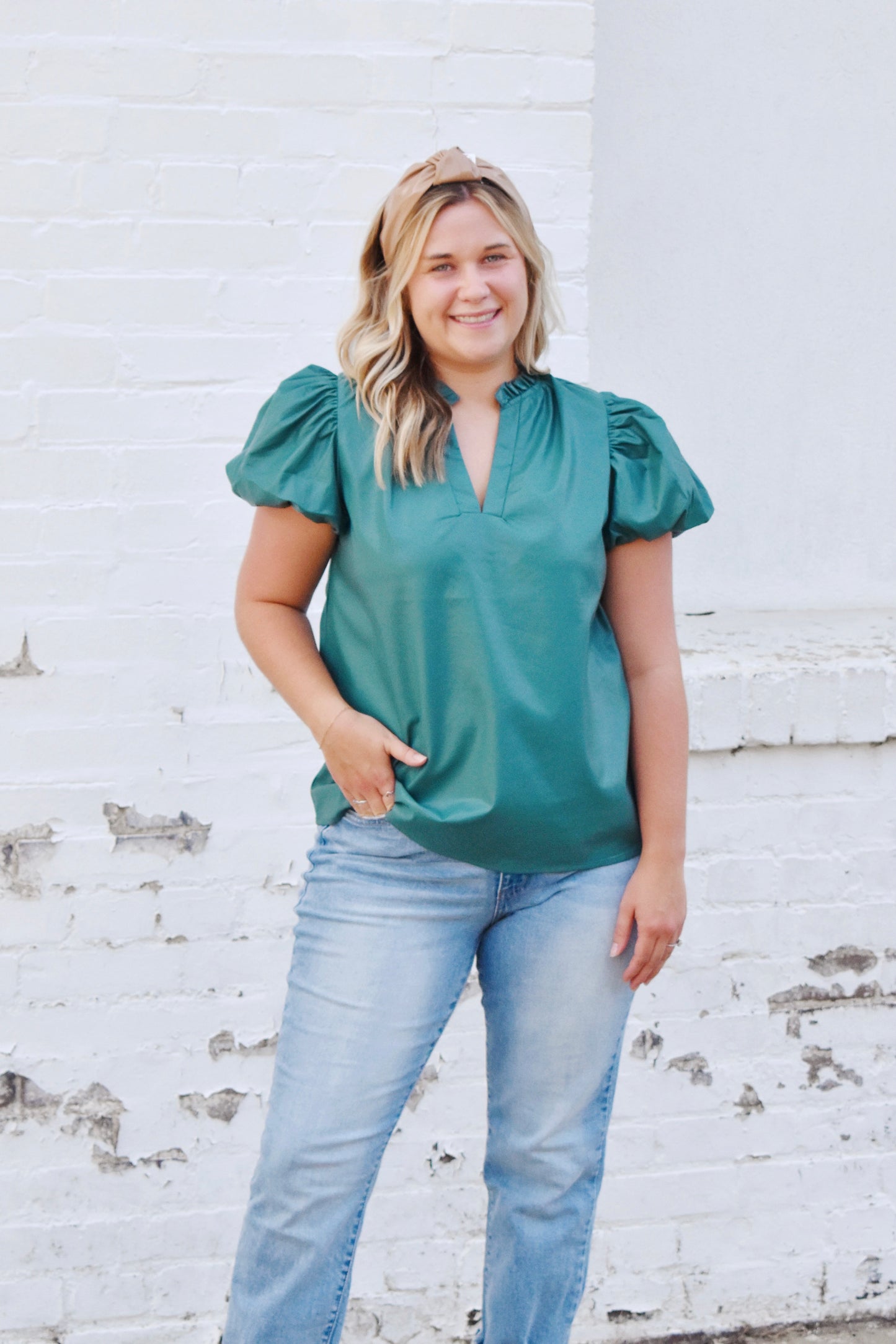 Teal Green Leather Puff Sleeve Top