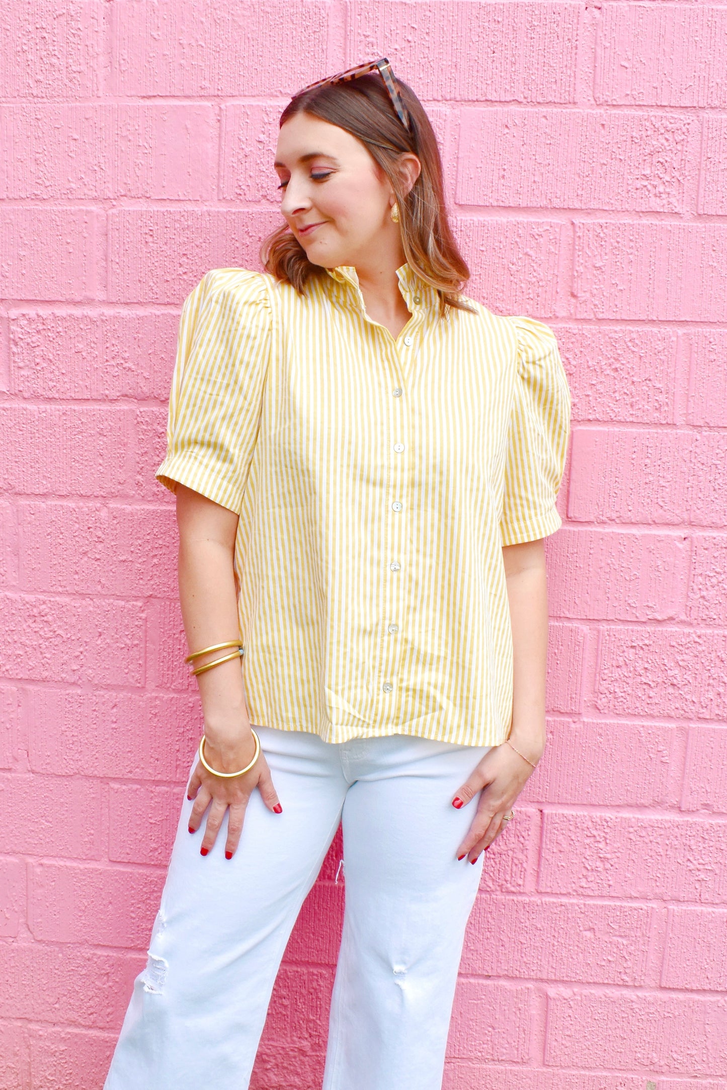 Lemon Striped Button Down Blouse