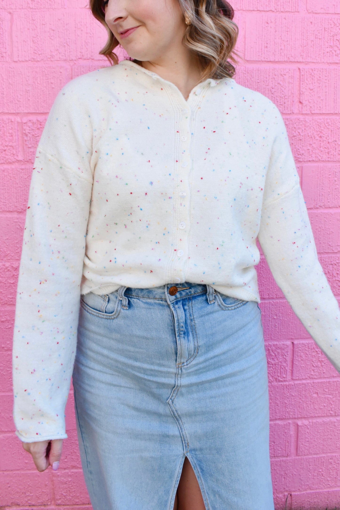 Confetti Speckled Ivory Button Down Cardigan
