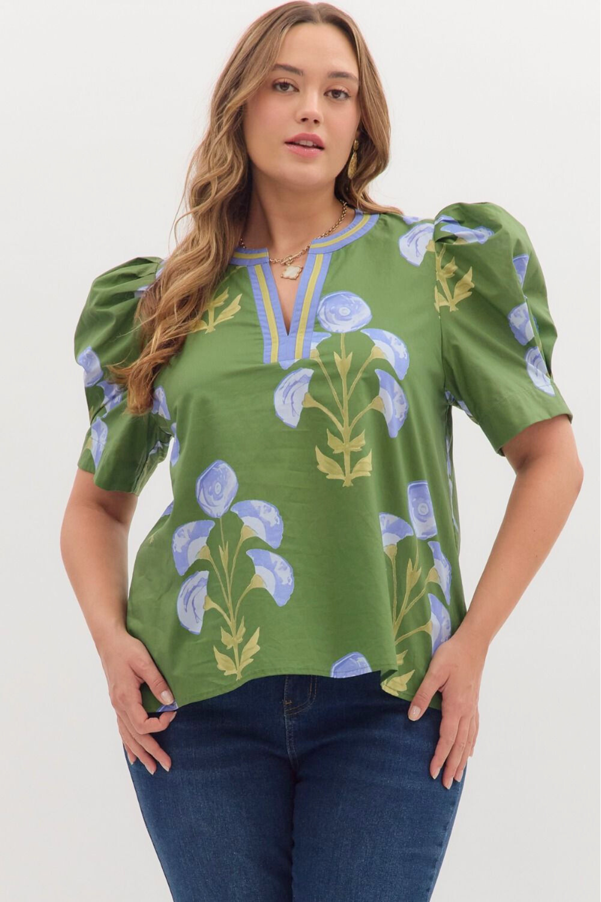 Plus Green Floral Contrast Trim Puff Sleeve Blouse