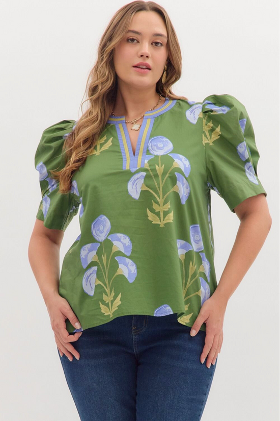 Plus Green Floral Contrast Trim Puff Sleeve Blouse