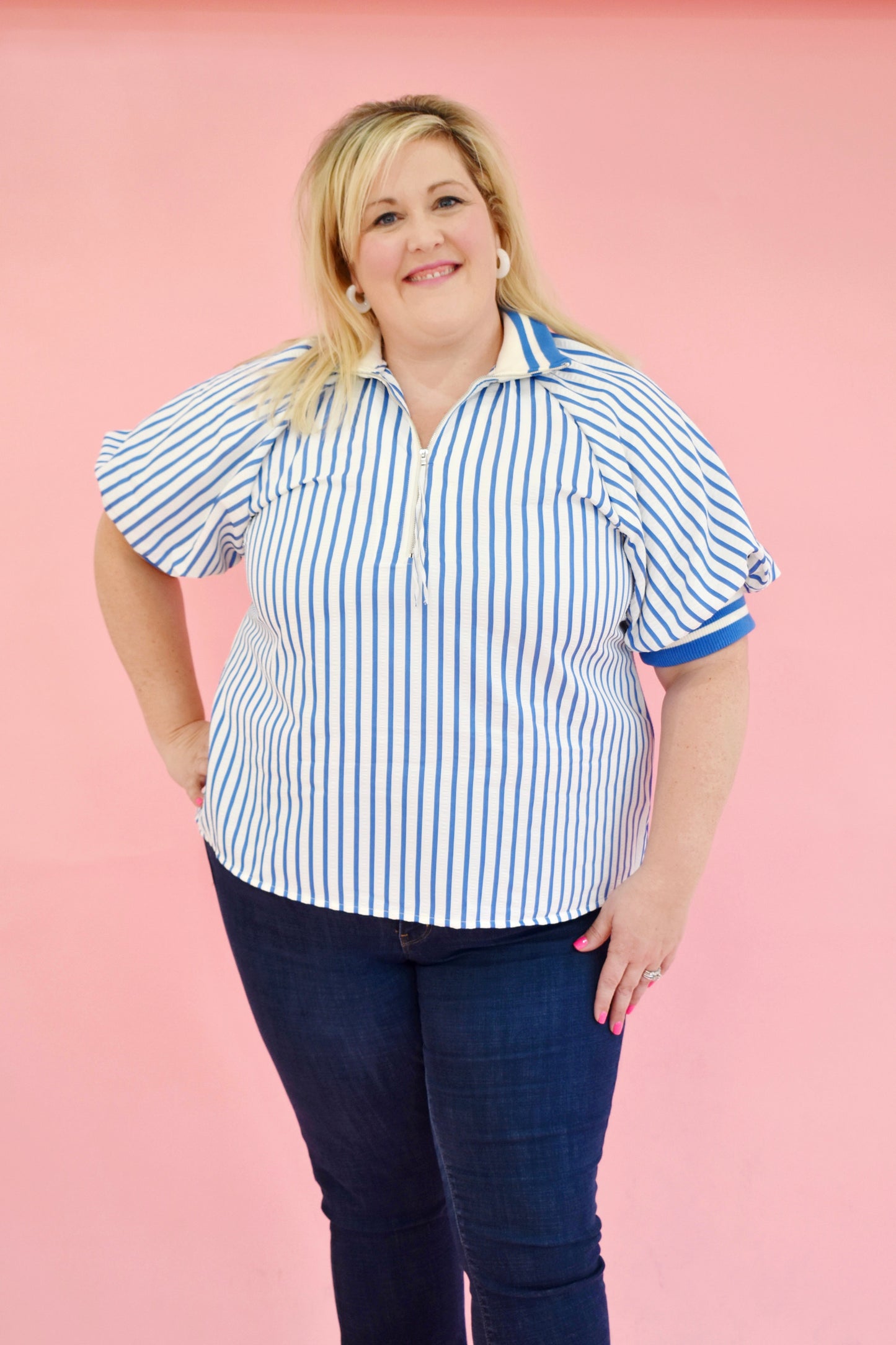 Plus Blue Striped Zip Top