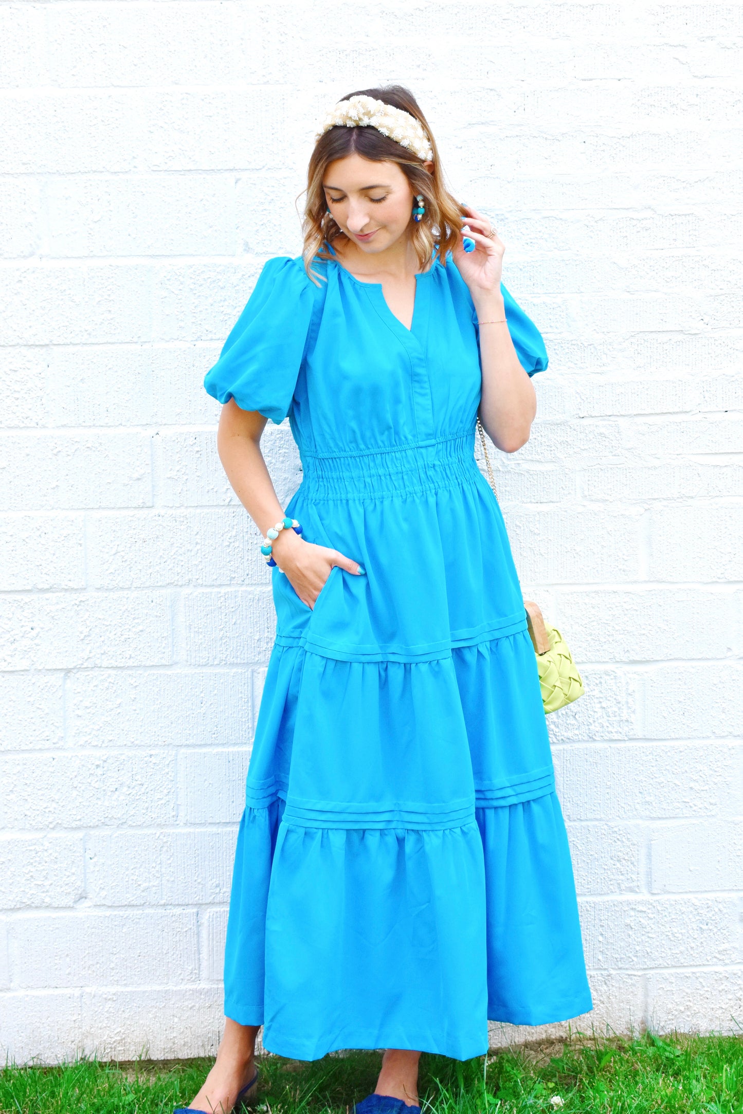 turquoise midi dress BERNAT The fitted waist flows into a softly flared A RUNAWAY Liliko Midi Dress Turquoise