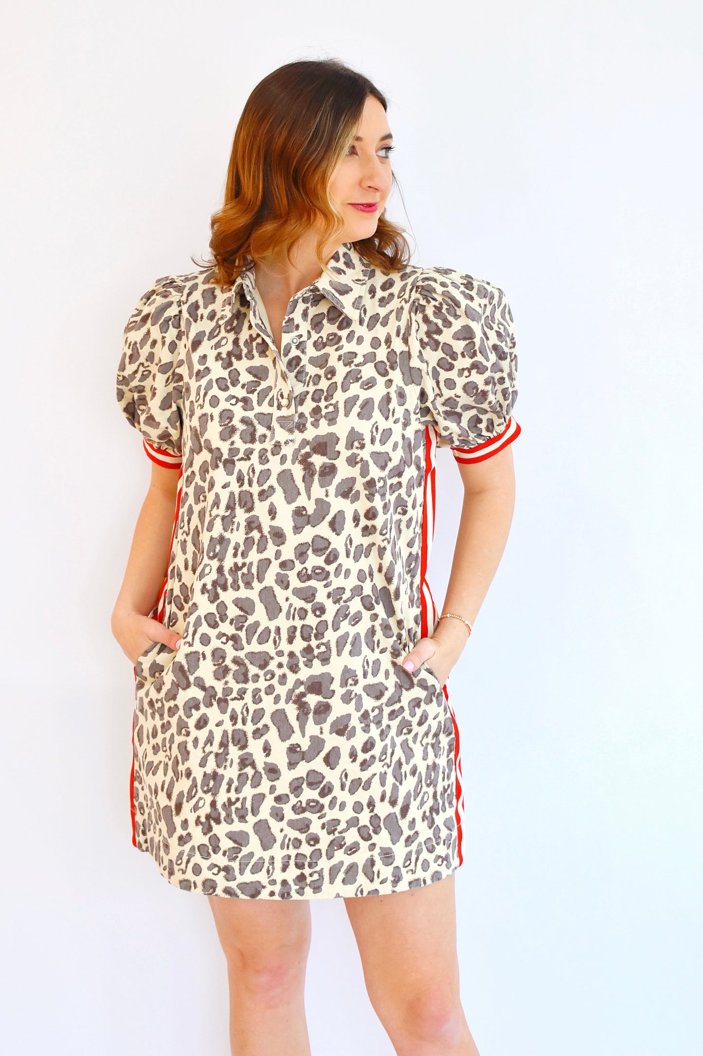 Animal Spot Denim Feel Red Stripe Trim Collared Dress