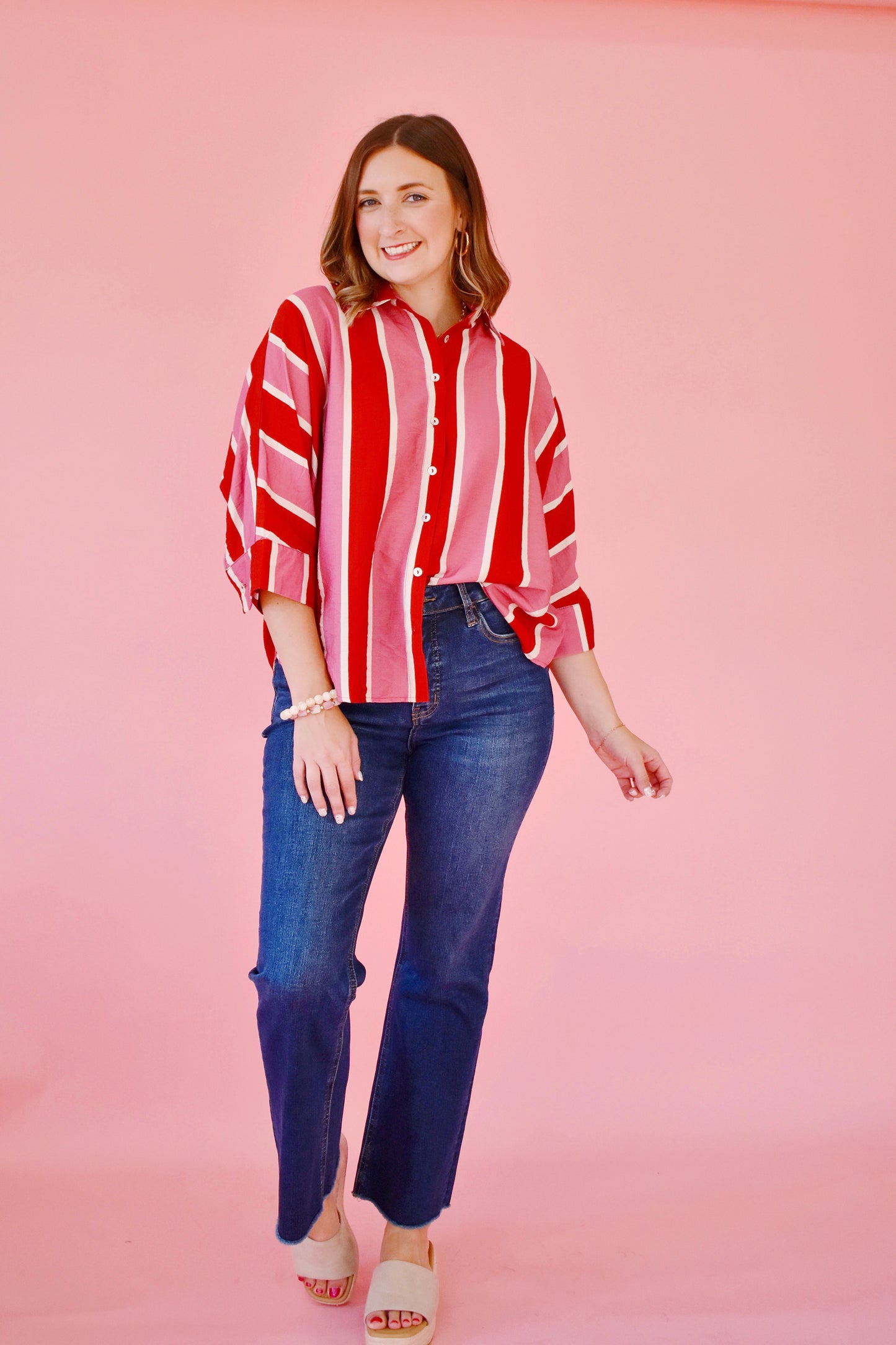 Rust Pink Striped Button Down Blouse