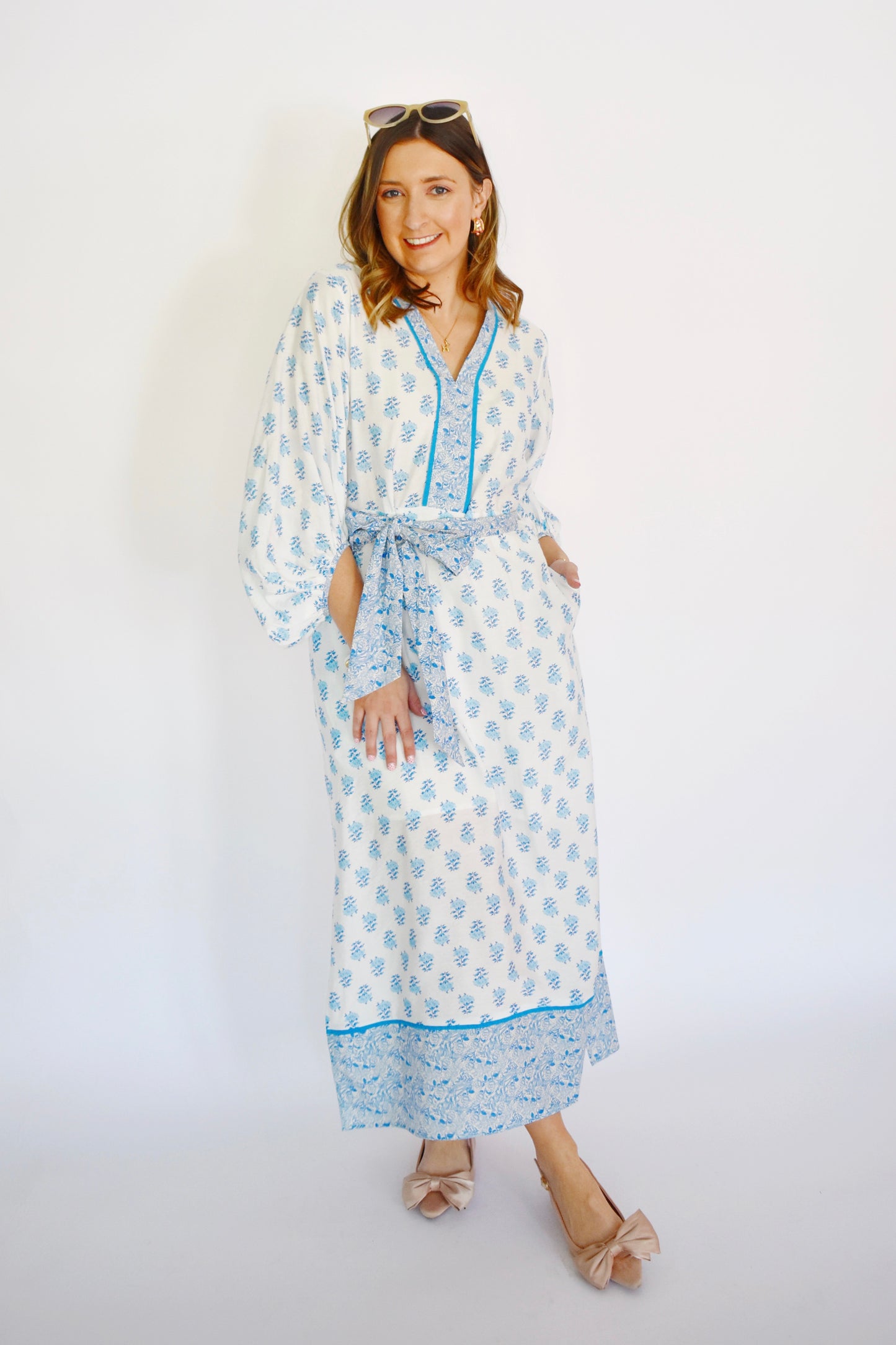 Blue Block Print Floral Balloon Sleeve Midi Dress