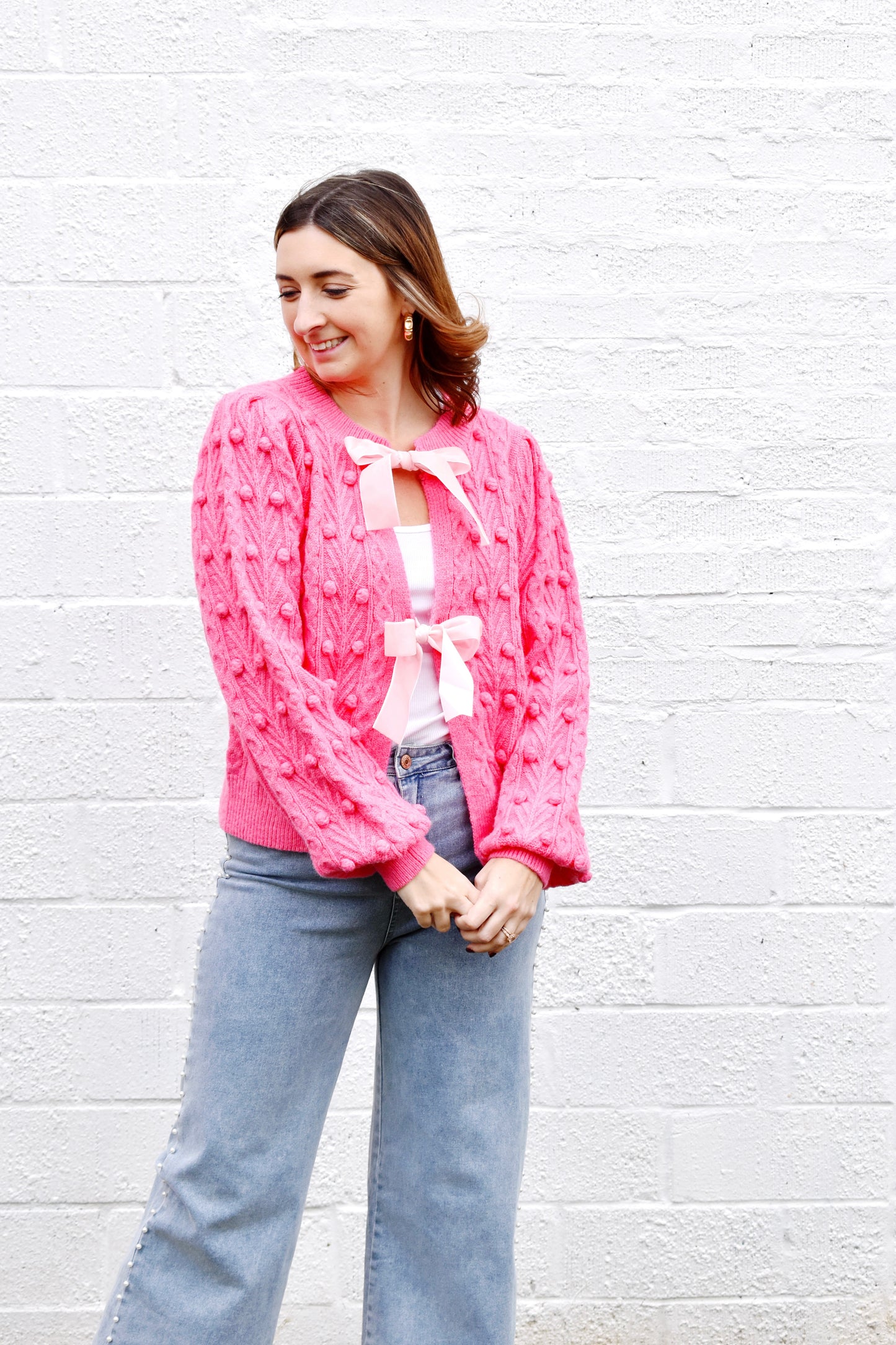 Bright Pink Velvet Bow Cardigan Sweater